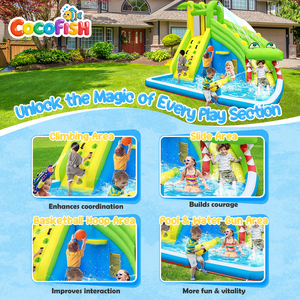 Cocofish Toboggan Aquatique Gonflable en Tissu Oxford 5 en 1, Château Gonflable Crocodile avec Toboggan Aquatique Humide, Parc Aquatique pour Fête d'Anniversaire d'Enfants - Product Image 3