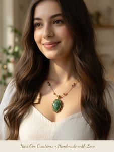 Handmade Green Aventurine Pendant Necklace Boho Gemstone Jewelry Oval Natural Green Stone Beaded Chain Necklace Women Gift - Product Image 2