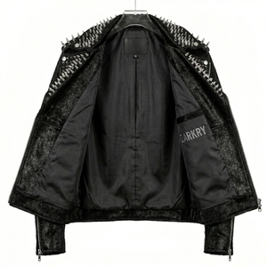 Custom Wholesale Mens Heavy Studded Calf Hair On Hide Genuine Leather <b>Jacket</b> Manufacturing <b>Biker</b> Punk Spikes Outerwear Supplier - Product Image 4