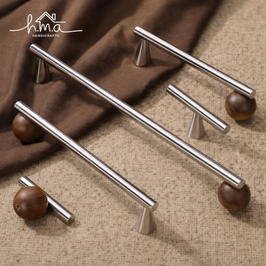 Poignée de meuble moderne en acier inoxydable et bois, poignée longue en forme de barre pour tiroir, poignée de luxe pour armoire de cuisine et placard - Product Image 1