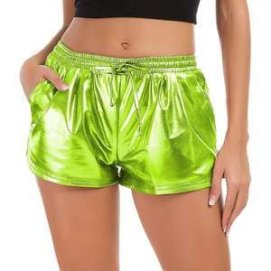 Shorts métalliques vert lime néon pour femmes, élastiques, à cordon de serrage, avec poche latérale, shorts en satin brillant effet miroir - Product Image 1