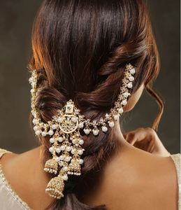 Chaîne de cheveux de mariée élégante plaquée or réglable avec perles et pierres précieuses, bijoux de cheveux faits à la main pour femmes - Product Image 2