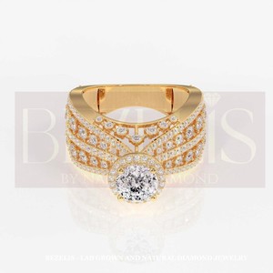 Anillo de Diamantes de Laboratorio con Corte Redondo y Banda Ancha para Mujer, Plata, Lujoso, para Aniversario de Bodas, Regalo y Fiesta - Product Image 3