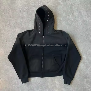 Sudadera con Capucha Personalizada con Logotipo, 500 g/m², Algodón, para Hombre, con Remaches, Corta, Holgada, Estilo Vintage, Lavado Ácido, con Cierre - Product Image 4