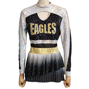 Uniforme de porristas para niños de poliéster y spandex con estampado por transferencia térmica, negro y dorado, para baile y espectáculos. - Product Image 1