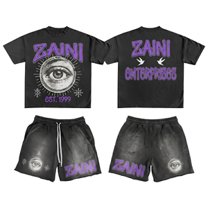 ZAINI <b>Mens</b> Oversized Casual T Shirt <b>Shorts</b> Set 100% Polyester French Terry Breathable Summer Washed <b>Black</b> Vintage Distressed - Product Image 1
