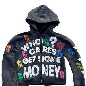 Sudadera con capucha con cremallera y estampado de algodón lavado Vintage para hombre con pedrería en la capucha - Product Image 1