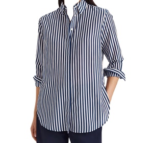 เสื้อเบลาส์ผู้หญิงทรงหลวม ผ้าลินิน 100% แขนยาว 3/4 แบบพับได้ กระดุมผ่าหน้า คอปกพับได้ ดีไซน์เรียบง่าย สวมใส่สบาย รุ่นใหม่ล่าสุด - Product Image 1