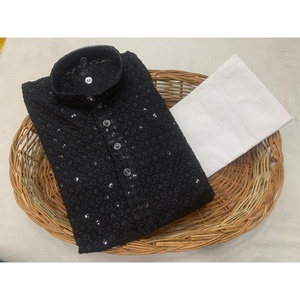 DESGASTE TRADICIONAL CODIFICACIÓN DE RAYÓN SECUENCIA TRABAJO KURTA CON PIJAMA NEGRO - Product Image 1