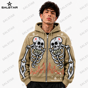 Men's <b>Gothic</b> Skeleton Graphic Khaki Hoodie <b>Jacket</b> Custom Printed Zip Up Hoodie Streetwear Casual Fashion Hooded <b>Jacket</b> - Product Image 1