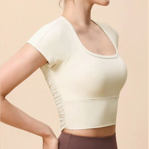 Ropa de Gimnasio de Secado Rápido Personalizada para Mujer, Camiseta Corta con Cuello en U, Bajo Acanalado, Elástica, Ecológica, para Entrenamiento - Product Image 3