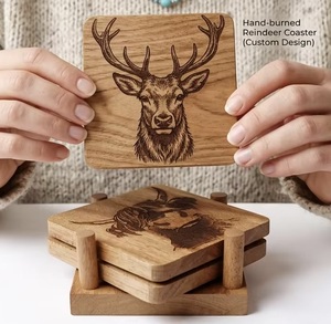 Hand-Burned Wooden Reindeer Coaster <b>Set</b> <b>Square</b> Rustic Design Handmade Mats & Pads 10cm Diameter Beads Art - Product Image 1