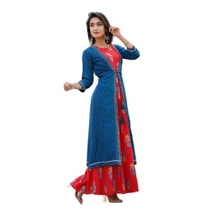 Trendy Women Blue Angrakha <b>Style</b> Layered Maxi <b>Dress</b> with Red Floral Print Long Flared Anarkali Kurti Ethnic Indo <b>Western</b> Wear - Product Image 2