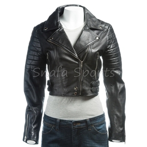 Veste en cuir courte tendance pour femme, style crop, coupe ajustée, veste de motard élégante pour l'hiver, tenue décontractée et de soirée - Product Image 3
