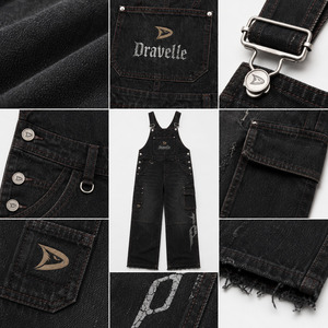 Overoles de Mezclilla Cruda para Hombre, Mono Negro con Bordado Personalizado, Unisex, Estilo Y2K, Holgado, Streetwear - Product Image 4