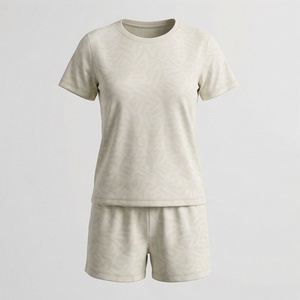Conjunto de 2 Piezas de Shorts de Algodón Tejido para Mujer, Cuello Redondo, Manga Corta, Color Sólido, por Encima de la Rodilla, Informal, para Primavera/Verano - Product Image 1