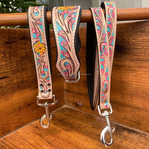 Manufacturers Custom Hand Tooled Leather Luxury Dog Collar Traffic Lead Training Pet Cat Dog Genuine Leather <b>Leash</b> Collar Sets - Product Image 5