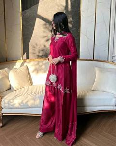Conjunto de Salwar Kameez de Satén Bordado para Mujer, con Dupatta con Cuentas, Traje Tradicional para Bodas, Diwali y Fiestas - Product Image 1