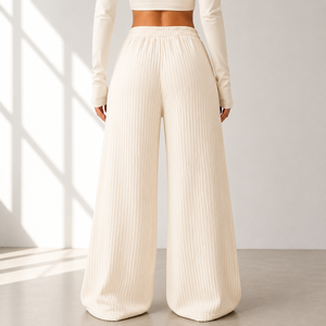 Women Cream Knitted Wide Leg <b>Pants</b> High Waist Loose Fit Full Length Casual Solid Color Elastic Waist Pockets Autumn Style - Product Image 2