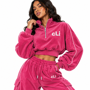 Factory Custom Velour Tracksuit Half Zip Crop <b>Sweatshirt</b> Wide Leg Baggy Cargo Sweatpants Piping Detail <b>Pink</b> Two Piece Velvet Set - Product Image 3