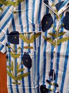 Women's Blue Striped Floral Print Cotton <b>Pajama</b> Set Short Sleeve Turn-Down Collar Elastic Waist Summer Casual Sleepwear - Product Image 3