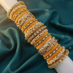 Gold Plated Meenakari Velvet <b>Bangles</b> <b>Set</b> with Pota Stone and Pearl Elegant Pearl Bracelets - Product Image 2