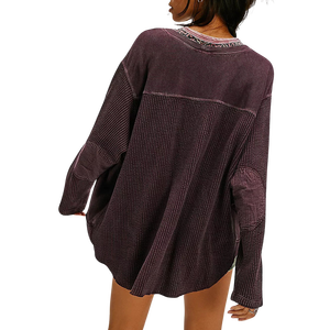 T-shirt confortable en coton gaufré brodé pour femme, grande taille, col rond, doux, très extensible, 100 % coton, coupe ample, marron - Product Image 2