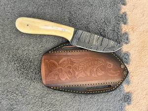 Damascus Steel Fixed Blade Drop Point <b>Knife</b> with <b>Bone</b> <b>Handle</b> Leather Sheath EDC DIY for Camping Outdoor Use - Product Image 3