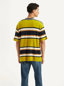 T-shirt rayé à manches courtes pour homme, col rond, coupe classique, tissu tricoté décontracté, jaune, blanc, orange, t-shirt surdimensionné - Product Image 4