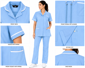 Custom Logo Light <b>Blue</b> Nurse <b>Tunic</b> Trouser Set Notch Collar Contrast Trim Healthcare Uniform Wholesale Working Medical NHS <b>Tunic</b> - Product Image 2