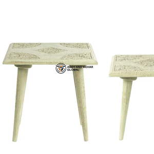 Vintage Carved <b>Wooden</b> Nesting Tables Set of 2 Distressed Finish Rustic Side Tables for Living Room Bedroom Home Decor Ottomans - Product Image 4