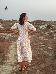 Newest Hand Block Printed 100% Cotton Wrap <b>Dress</b> for Women <b>Summer</b> <b>Boho</b> Floral Ladies <b>Dress</b> Sustainable Handmade V- Neck <b>Dress</b> - Product Image 5