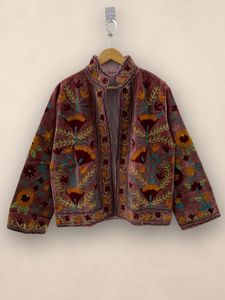<b>Women's</b> Red <b>Velvet</b> Embroidered Floral <b>Jacket</b> Zipper Stand Collar Coats <b>Women</b> Stand Collar Coat Red <b>Velvet</b> Coat Floral - Product Image 5