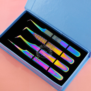 Pinzas de pestañas con punta de fibra personalizada, juego de arcoíris, pinzas de extensión de pestañas de acero inoxidable 45 75 90 grados, ventiladores fáciles - Product Image 1