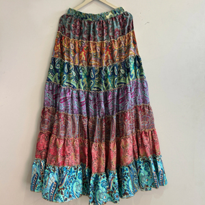 Vintage Gypsy Boho Patchwork Silk Flared Floor-Length <b>Skirt</b> <b>Elastic</b> Waist Handmade Digital Print Eco-Friendly Comfortable - Product Image 1