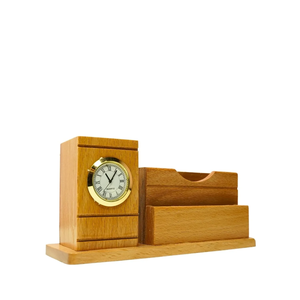 Wooden Pen Holder Desktop Organizer With Clock Phone Stand And Pen Holder Natural Finish Office Storage Stand - Product Image 4
