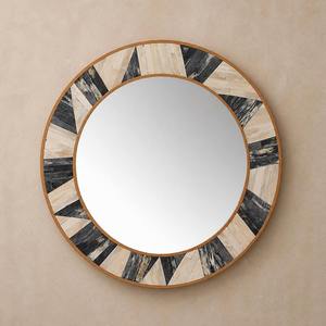 Espejo redondo con marco de madera con diseño geométrico negro y beige, espejo decorativo moderno hecho a mano para decoración del hogar. - Product Image 2