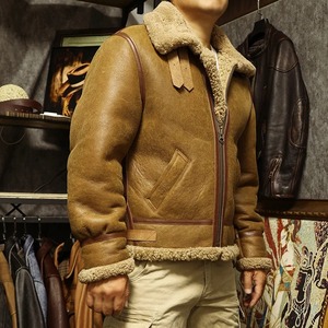Veste d'aviateur en cuir véritable pour homme, doublée en sherpa, fermeture éclair, style motard, épaisse et chaude, style fourrure. - Product Image 2