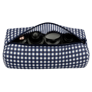 Sac de rangement pour sèche-cheveux Dyson, artisanal, bleu à carreaux, imprimé au bloc, avec fermeture éclair, rembourré doux, 4 compartiments, matelassé, en pur coton - Product Image 1