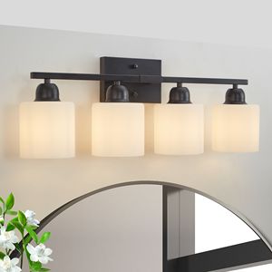4 <b>Light</b> Modern Bathroom <b>Vanity</b> <b>Light</b> <b>Mirror</b> Black and Milky White Frosted Glass Shades E26 Wall Sconces - Product Image 3