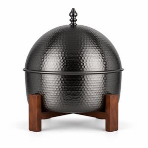 Olla Redonda de Cobre Martillado para Calentar Alimentos con Tapa, Cazuela Oriental sobre Soporte de Madera - Product Image 4