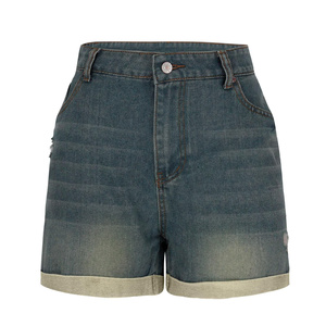 Shorts en jean déchirés pour femmes, taille haute, extensibles, avec boutons, poches et ourlet retroussé, doux et confortables - Product Image 3