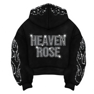 Sweat-shirt à capuche court surdimensionné OEM avec strass, logo personnalisé, manches flamboyantes en cristal, style streetwear, vente en gros, mode féminine - Product Image 2