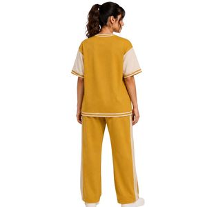 Mustard And <b>White</b> Women Short Sleeve T Shirt And Wide Leg Pants Lounge <b>Set</b> Custom Casual Two <b>Piece</b> Outfit With Contrast Panels - Product Image 2