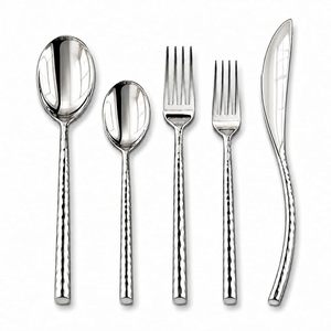 Juego de cubiertos de acero inoxidable de 5 piezas con mango martillado, incluye tenedor de cena, tenedor para ensalada, cuchara de cena y cucharilla. - Product Image 1