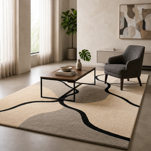 Modern Geometric <b>Cushioned</b> Anti-Slip Area Rug Neutral <b>Beige</b> Black Abstract Carpet for Dining Room Prayer Travel Floor Mat Home - Product Image 2