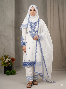 Costume pakistanais en coton blanc, broderie Resham bleu roi, ensemble 3 pièces, Salwar Kameez de créateur, adapté au hijab, tenue de fête - Product Image 1