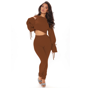 Ensemble de survêtement côtelé grande taille pour femme, col carré, haut court à manches longues, pantalon skinny, tenue décontractée pour le printemps - Product Image 5