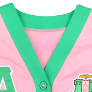 Cárdigan con logo AKA rosa y verde, suéter con botones para hermandad, chaqueta de moda con mangas brillantes, atuendo elegante y moderno para mujer - Product Image 3