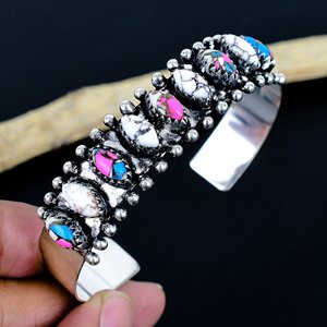 Vintage Style Cotton Candy & Wild Horse Gemstone Multistone Handmade Tibetan Silver Plated Adjustable Bangle for Unisex - Product Image 1